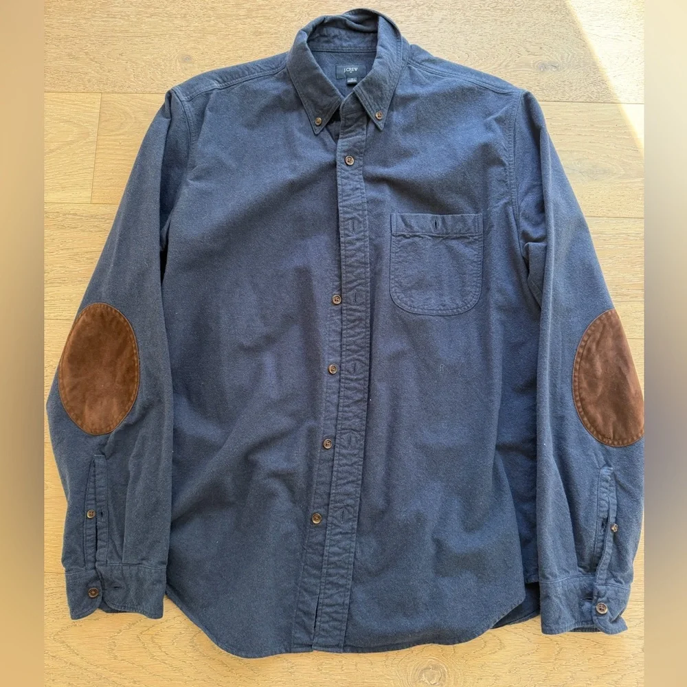 J. Crew Men’s Flannel Button Down Shirt Small Navy Blue with Suede Elbow Patches